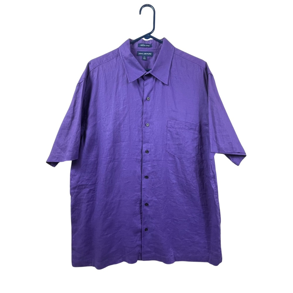 John Ashford Linen Button Front Shirt Mens XLarge Purple Short Sleeve